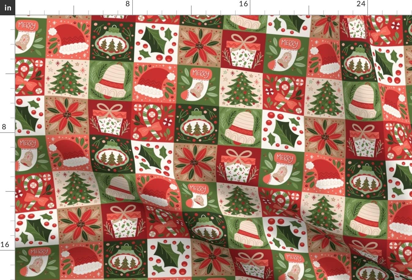 Spoonflower Fabric - Christmas Geo Holiday Green and Red Presents Stocking Poinsettia Holly Printed on Upholstery Velvet Fabric Fat Quarter - Upholstery Home Decor Bottomweight Apparel