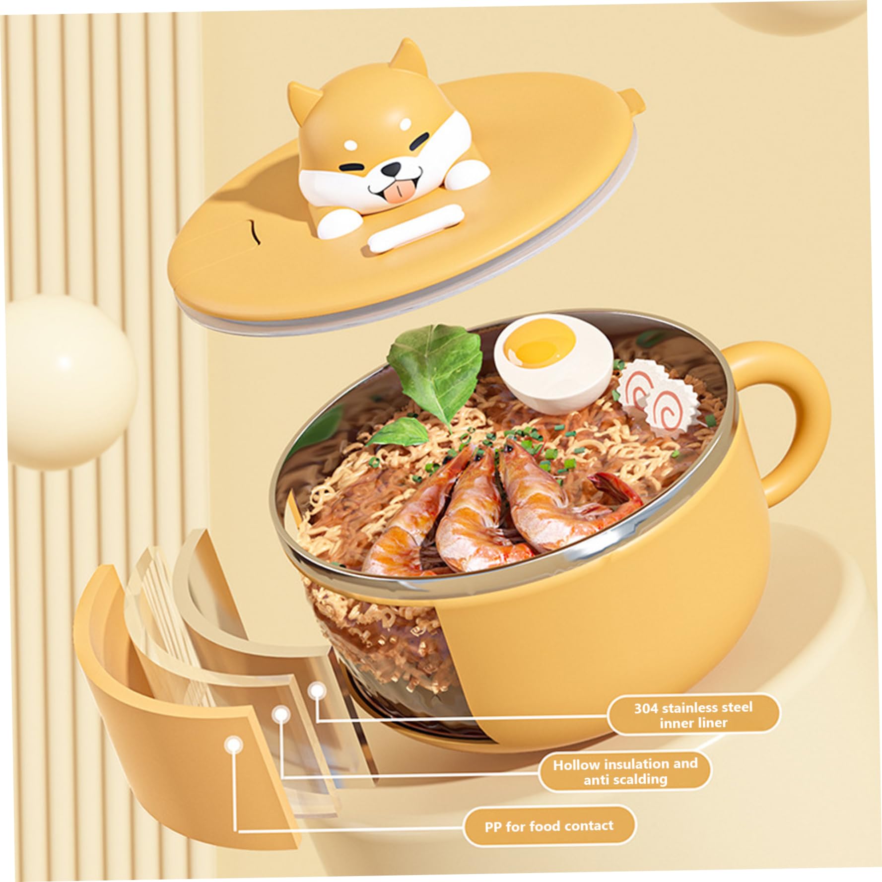 Ramen bol avec couvercle, bol de nouilles instantanées, bol de ramen de 1200 ml avec poignée et couvercle cuiseur ramen portable avec salade de cuillère à lunch basse de cuisine bol pour dortoir à la