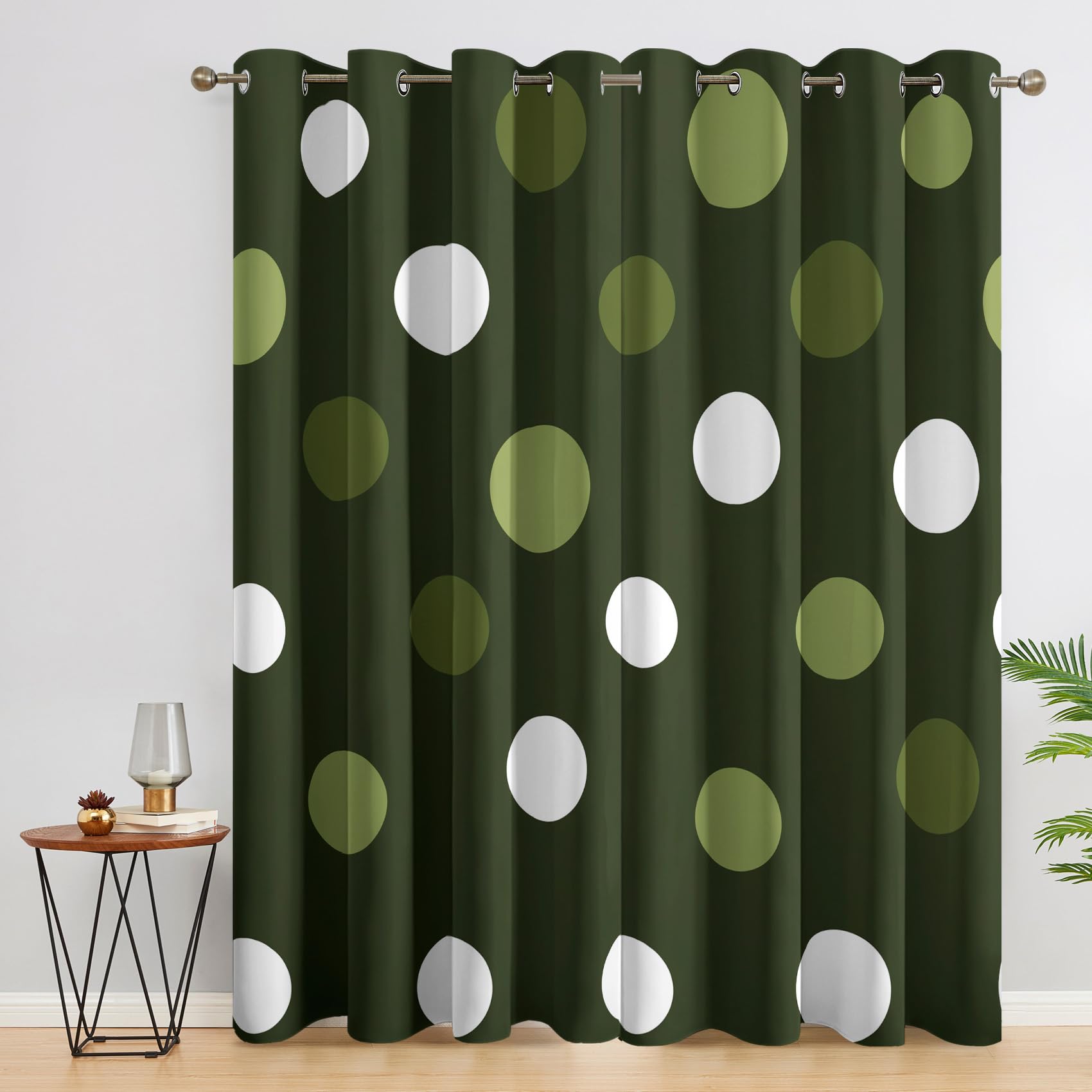 Polka Dot Curtains Blackout for Home Decor, Thermal Curtains Olive Green White Pattern, Living Room & Bedroom Eyelet Drapes 63 Inch Drop, 52x63, 2 Panels E&1325