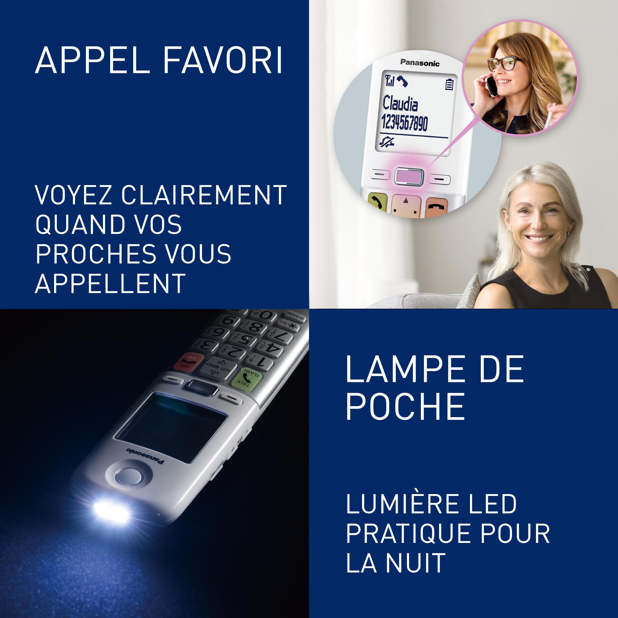 Panasonic KX-TGU430EXW Téléphone Numérique sans Fil avec Répondeur, Unité de Base et 1 Combiné, Écran LCD, Appels Favori, Lampe Torche, Compatible avec Les Appareils Auditifs, Blanc et Argent