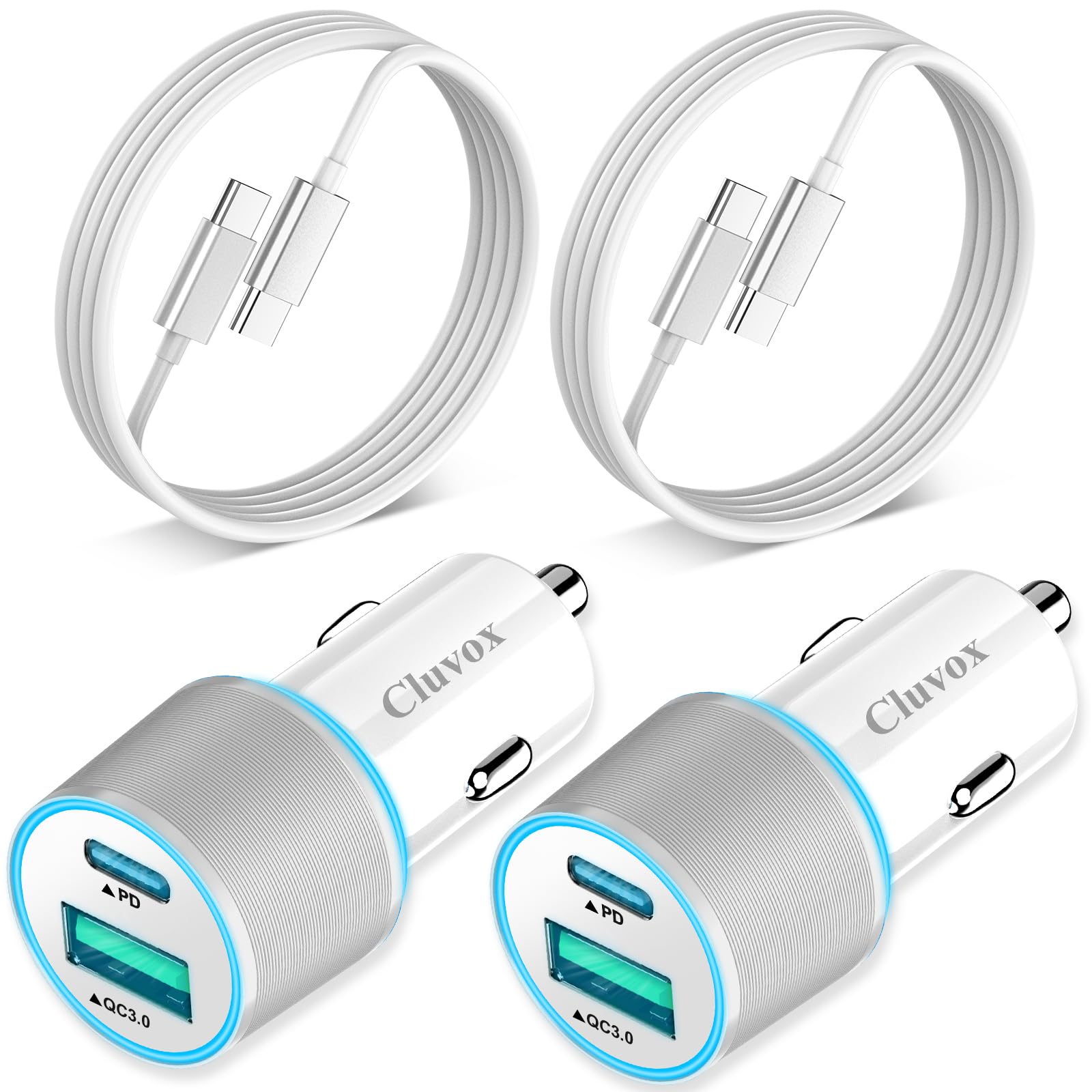 2 Pack 38W USB C Car Charger Fast Charging for iPhone 16 Pro/Max/Plus/15/Samsung Galaxy S25/S24/Ultra/S23/S22/A55 Dual Port Cigarette Lighter USB Charger[20W PD+18W QC] with 3.3FT Type C Cable-White