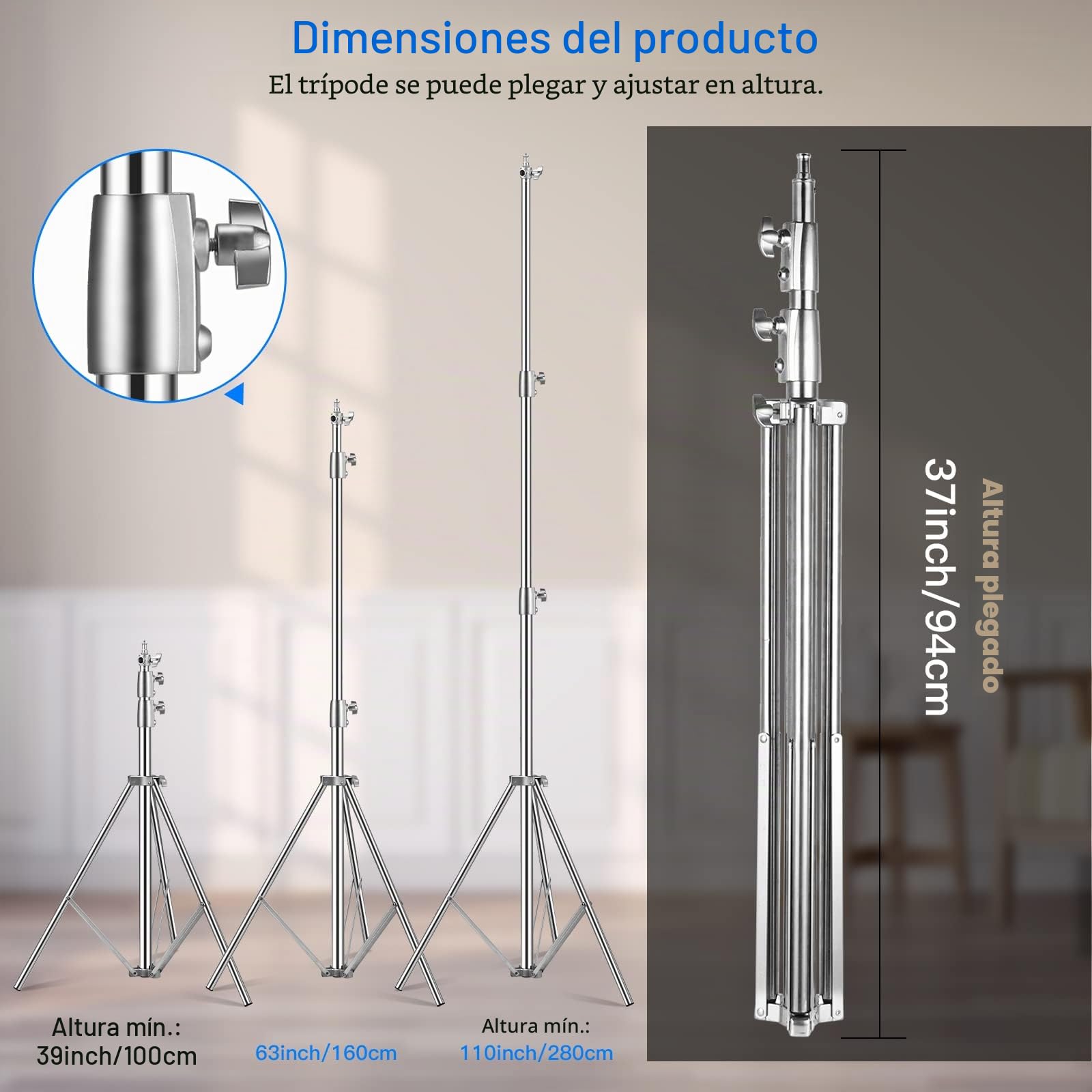 2,8 m Soporte de Luz de Acero Inoxidable, Soporte de Trípode Acolchado con Resorte de 1/4 "a 3/8" Adaptador Universal para Estudio de Fotografía Retrato