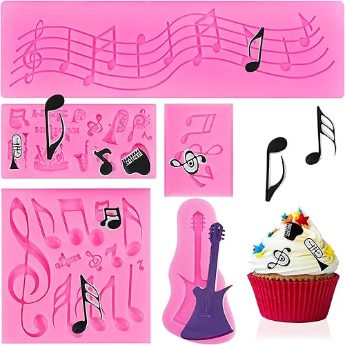 Molde de fondant para notas musicales, 5 piezas, tapete de encaje de silicona para decoración de pasteles