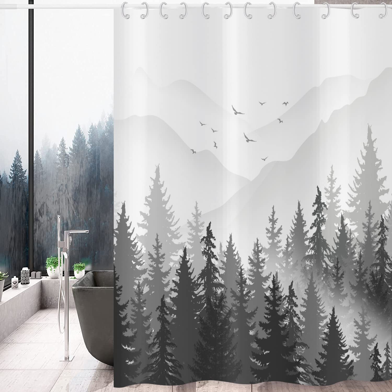 Hnmdmyi Black and White Shower Curtain 150x180, Misty Forest Mountain Ombre Grey Foggy Nature Tree Woodland Landscape Bathroom Curtains Waterproof Polyester Fabric Washable Bath Curtains with Hooks