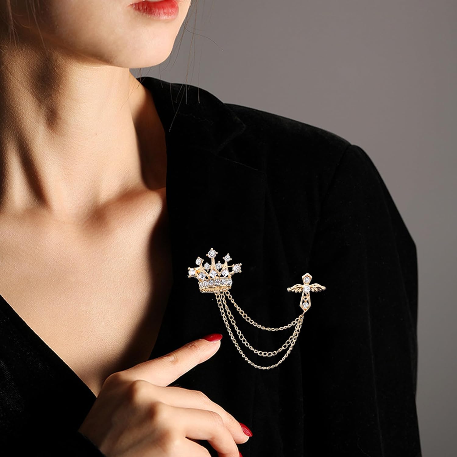 Lapel Chain Vintage Crown Chain Brooch Rhinestone Tassel