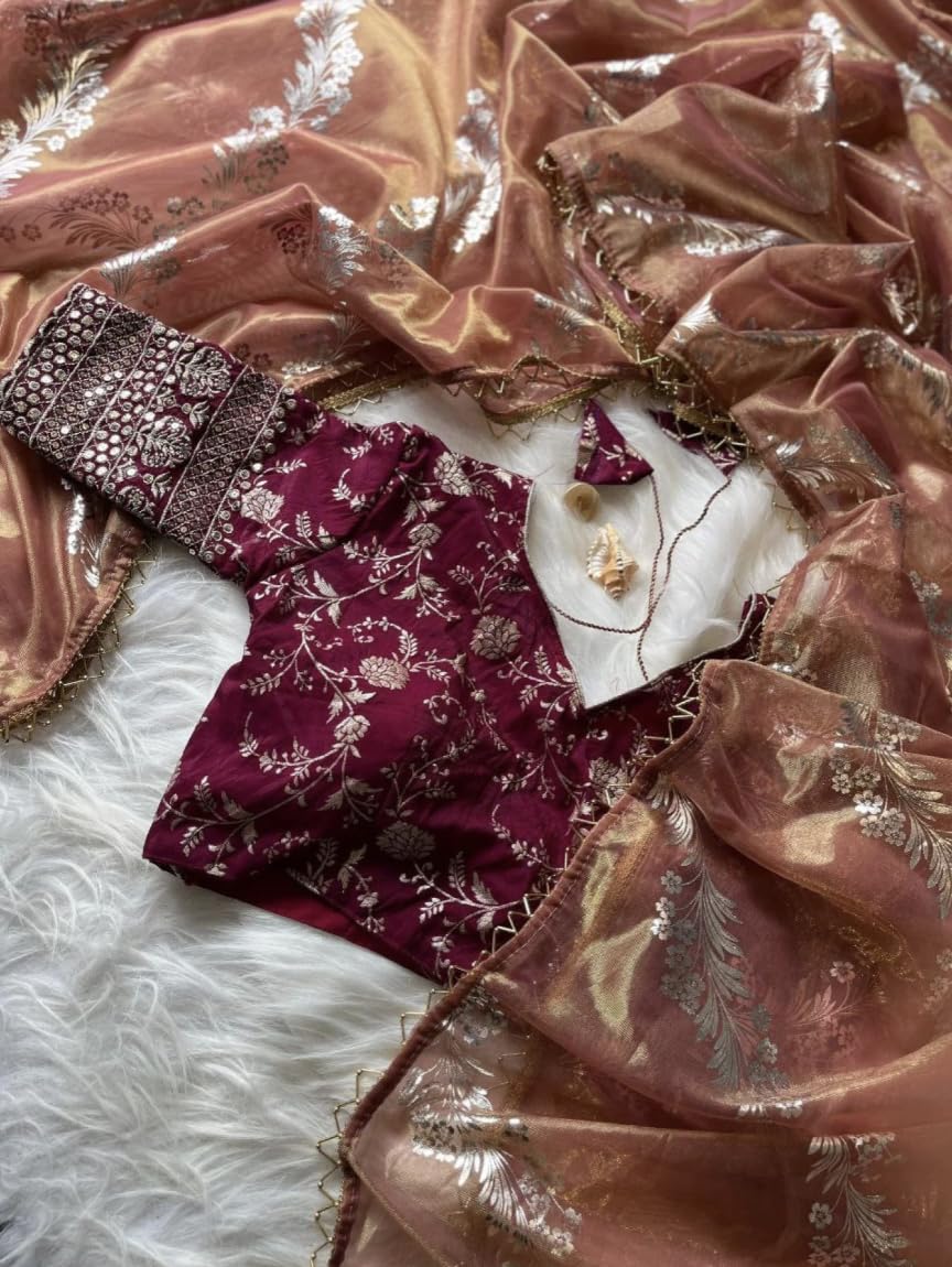 Soft Gold Coin Leheriya Saree with Foil Work, Burgundy And Gold - Image 2