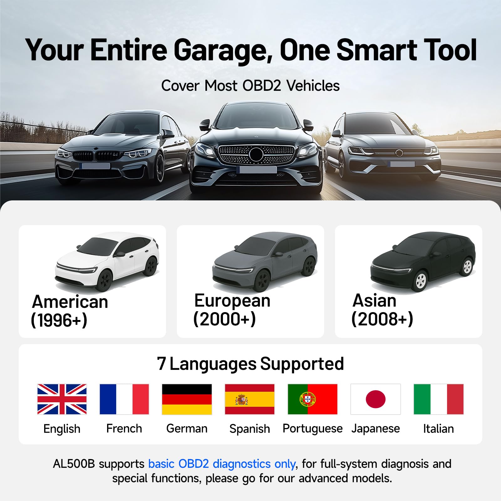 TOPDON AL500B Lecteur de Codes OBD2 avec Fonctions OBD2 complètes et testeur de Batterie, Tests de Batterie 12 V, Tests de démarrage et de Charge 12 V / 24 V, Mise à Jour Gratuite du Logiciel