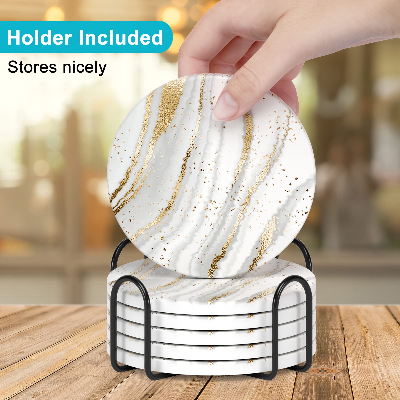 Nipichsha Posavasos para bebidas, juego de 6 posavasos de cerámica absorbentes estilo mármol con soporte y base de corcho, bonitos posavasos de piedra para tazas, cocina, decoración del hogar, regalo