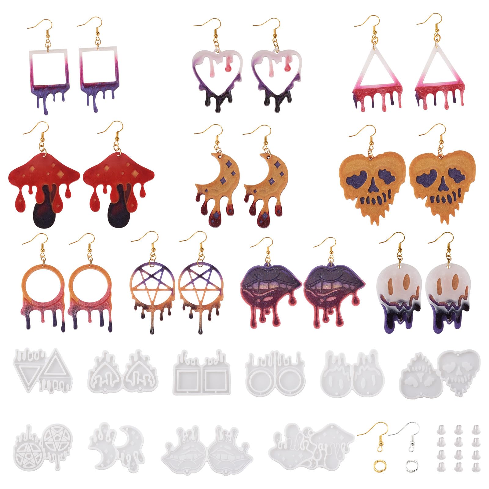 Boutigem Pendant Silicone Molds Dangle Charms Resin Moulds with Earring Hooks Open Jump Rings Ear Nuts Skull Ghost Moon Shape for UV Resin Epoxy Resin Jewelry Making Halloween