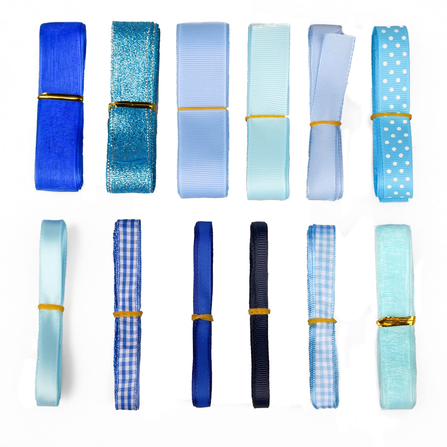Matory 12 Assorted Blue Ribbon Blue Satin Ribbon Blue Sheer Ribbon Grosgrain Dot Ribbon, 36 Yards
