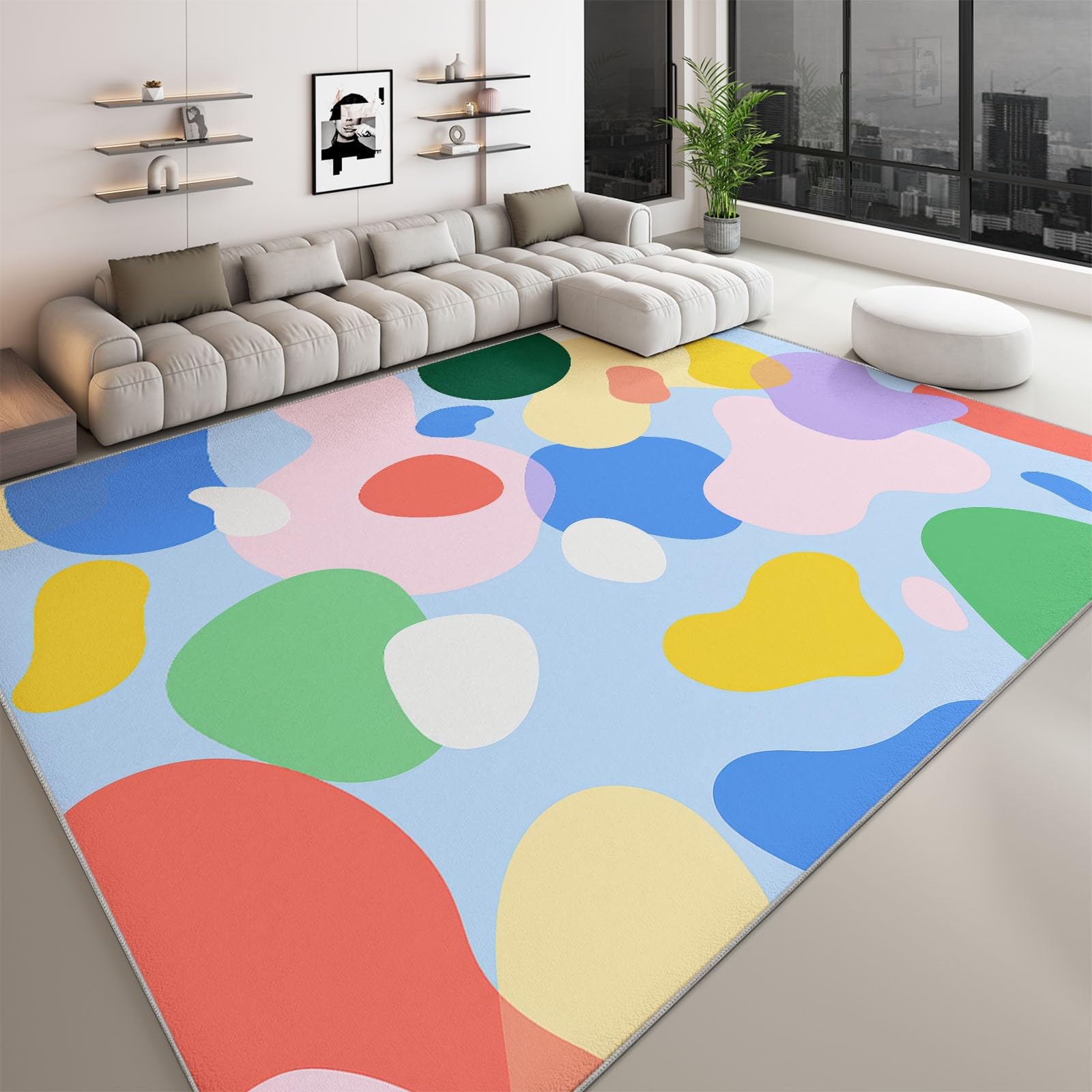 Dywan z niskim runem, antypoślizgowy dywan, 160 x 230 cm, sztuczna wełna, lekka, nadająca się do prania, mata podłogowa, abstrakcyjny wzór kreskówkowy, geometryczny wzór, do sypialni, salonu, biura