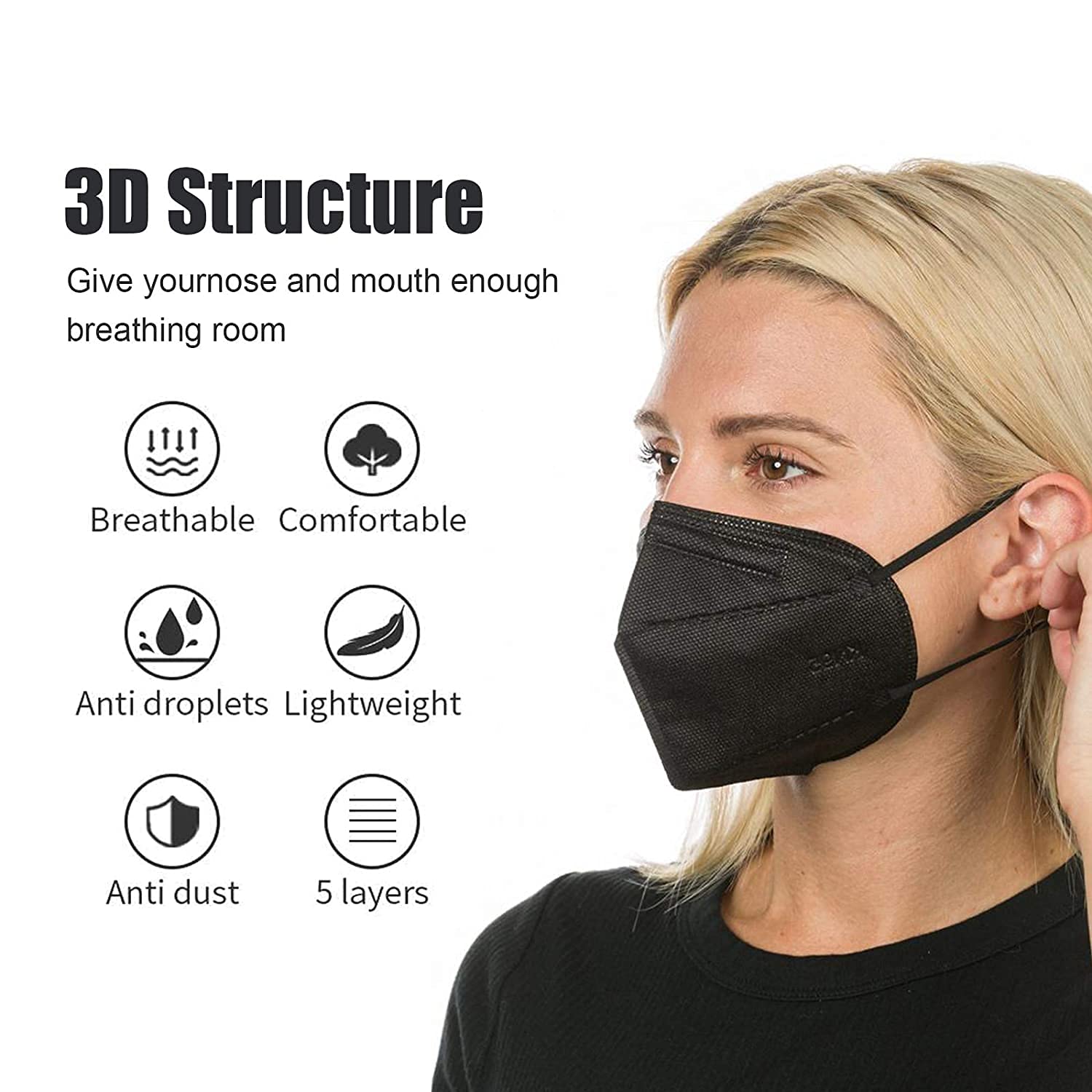 25 Pack KN95 Face Masks 5-Ply Breathable Filter Black Disposable Face Mask
