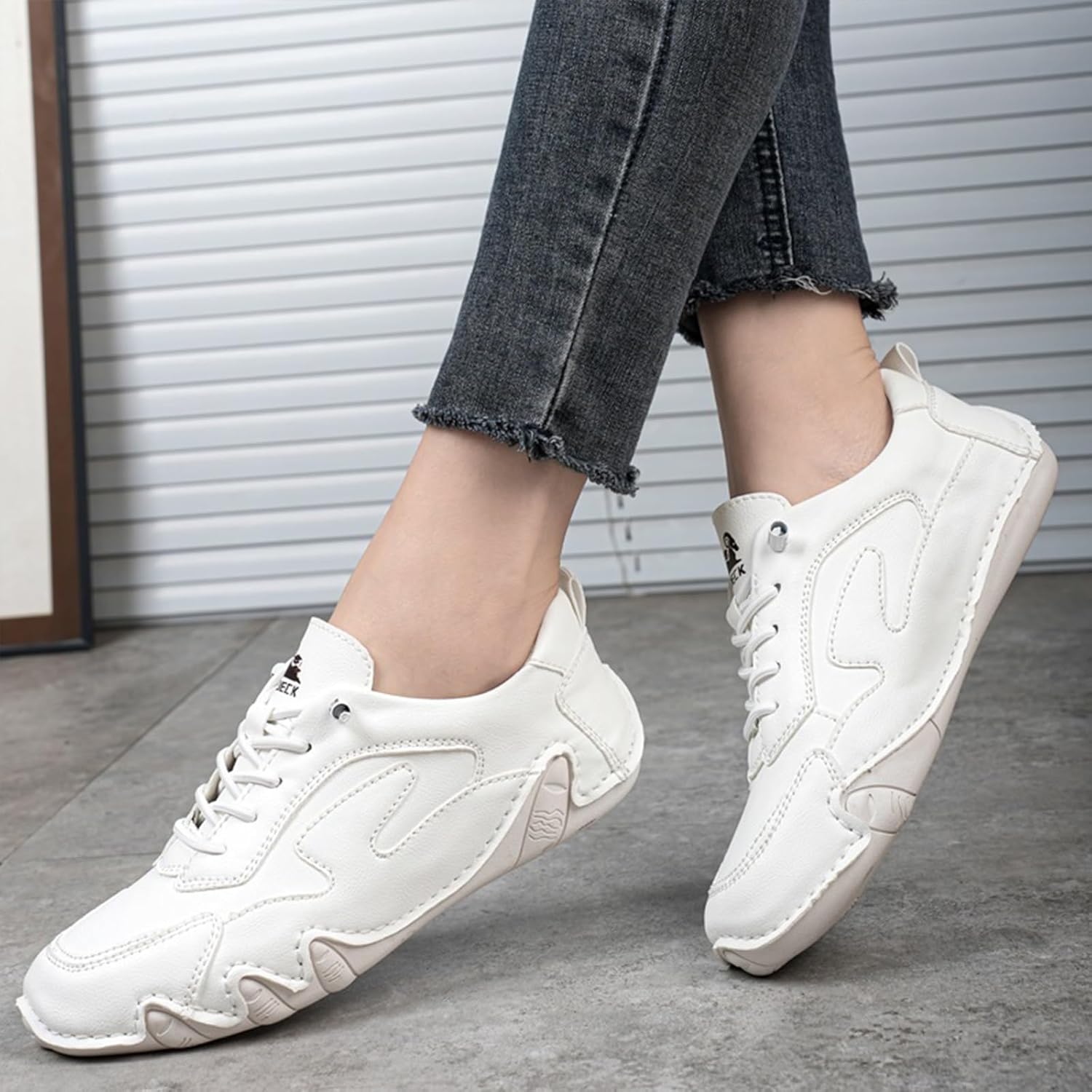 Women's Italian Handmade Leather Sneakers, Outdoor Soft Soled Non Slip Waterproof Casual Lightweight Breathable Walking Beck Shoes for Hiking Trailing Camping & Driving ( Color : White , Size : US 9 )