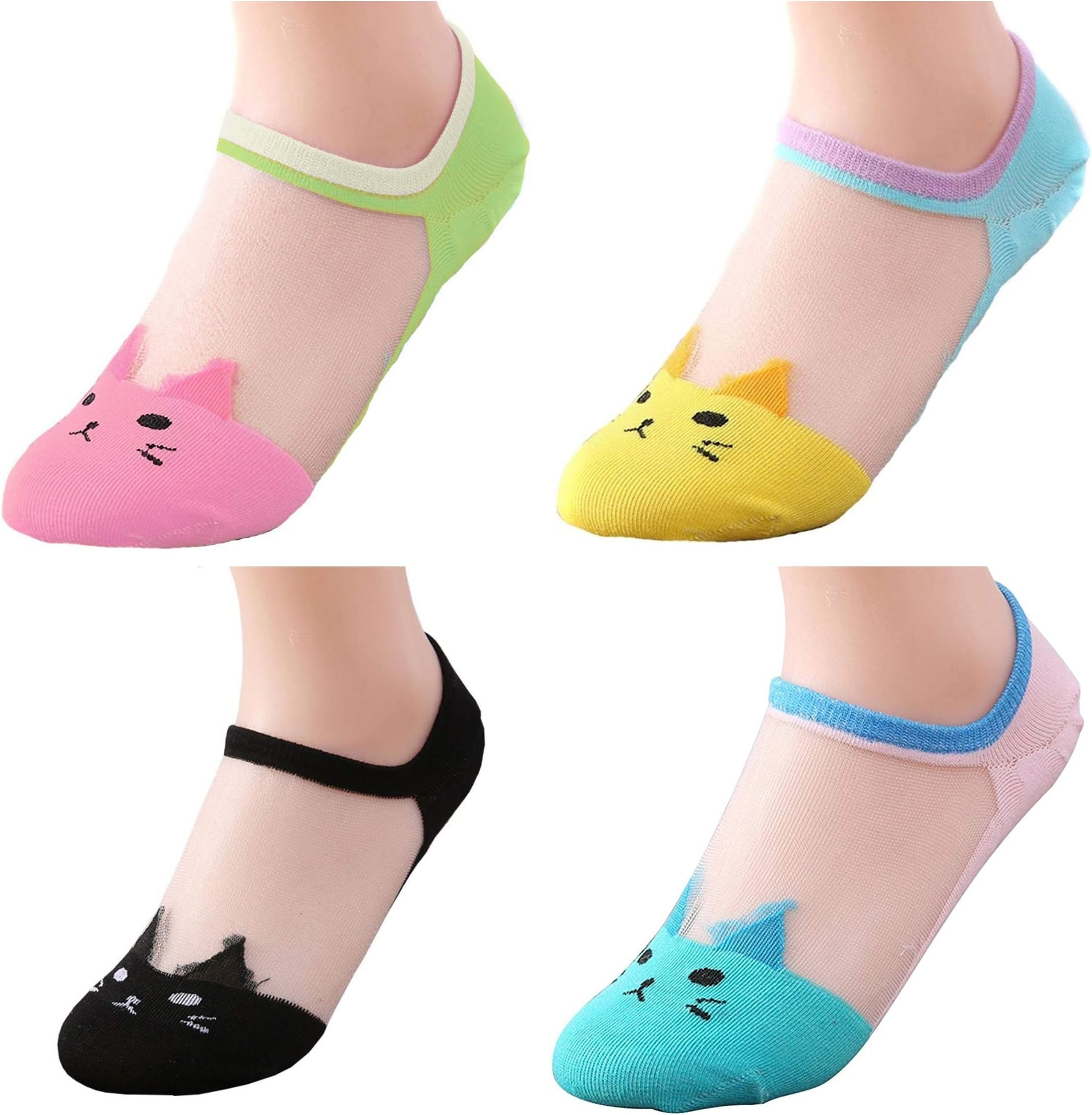 PinKit Women's Ultrathin Cat Ankle High Low Cut Invisible Silk Cotton Soft Crystal Lace Elastic Socks (Assorted Colour)