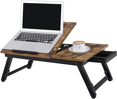 SONGMICS Bed Laptop Table, Bed Desk with Adjustable Angle and Height, Foldable Stand for Laptop up to 15.6 Inches, for Working Reading Breakfast, Bamboo Legs, Drawer, Rustic Brown LLD105B01