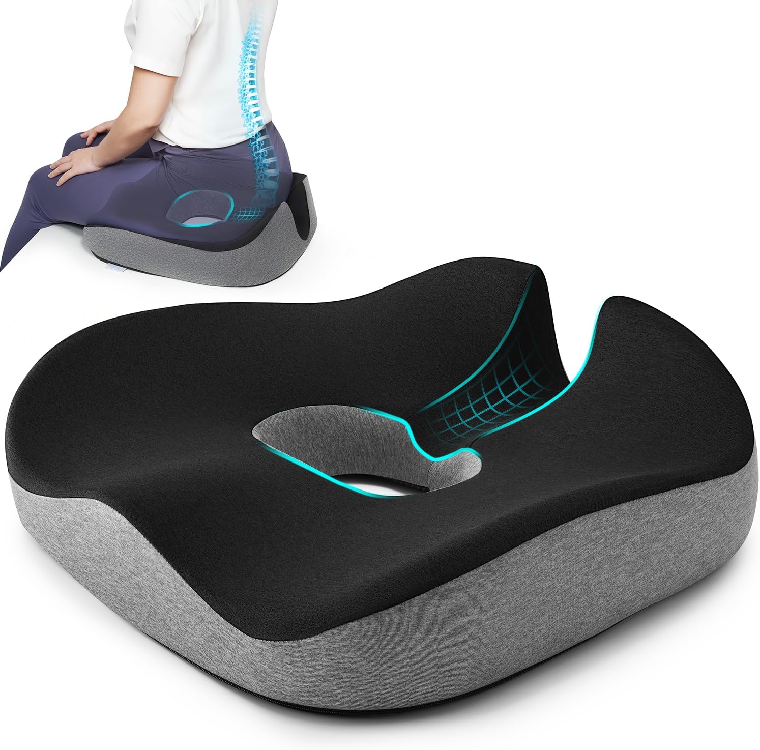 Concave U Surface Donut Pillow for Tailbone Pain Cradle Tailbone Reducing Pressure on Pelvis- Hemorrhoid Pillow for Office, Car, Home Seat- Black/Gray