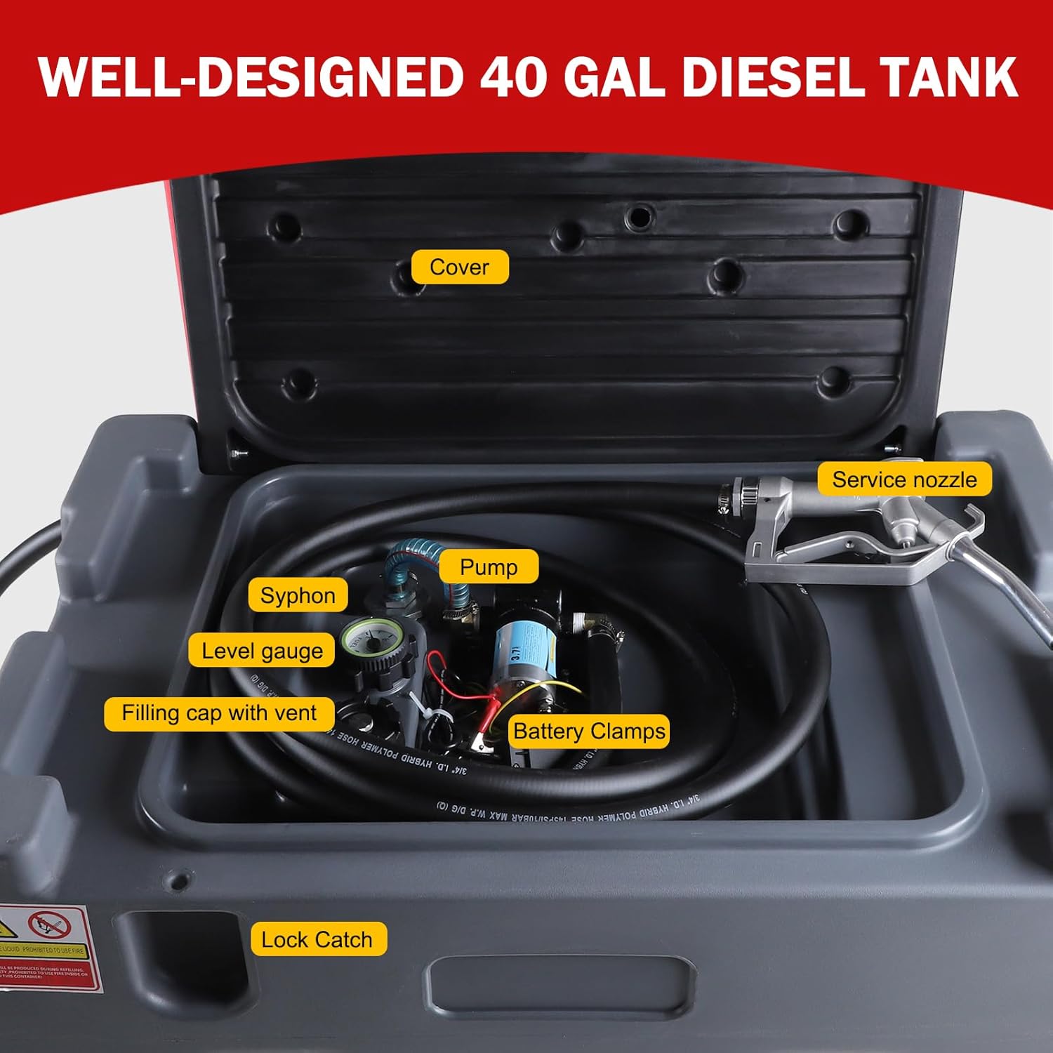Portable Diesel Tank 40 Gallon 150L Fuel Tank with 12V Electric Fuel Transfer Pump and 13ft Rubber Hose for Easy Fuel Transportation Black