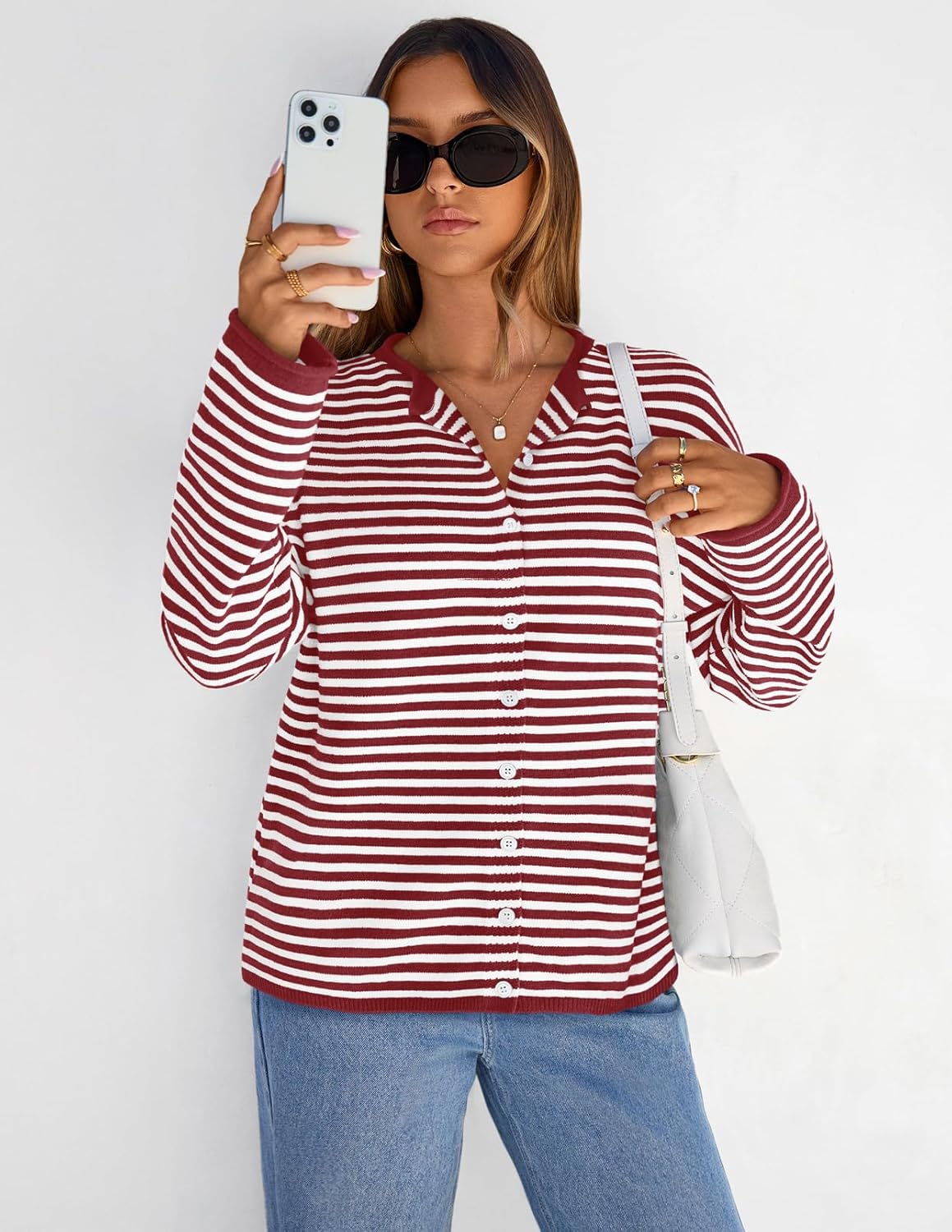 MEROKEETY Womens Striped Cardigan Sweaters 2026 Button Lightweight Long Sleeve Loose Knit Fall Sweater Clothes - Image 7