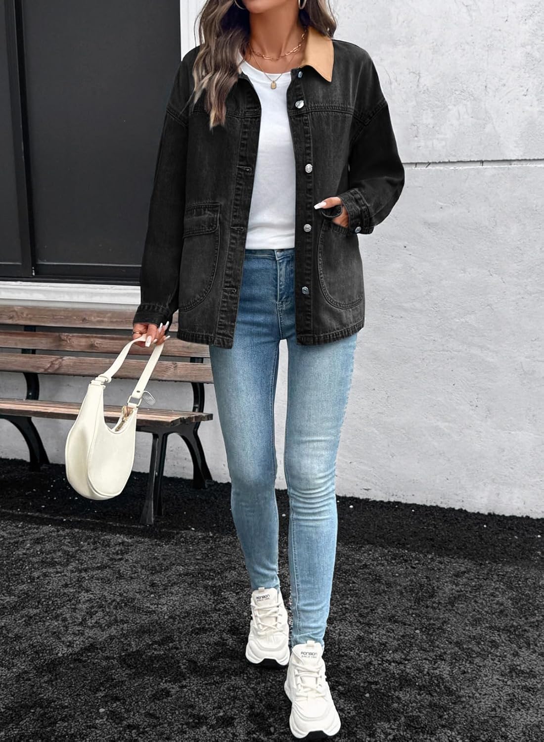 EVALESS Women's Oversized Jean Jacket Button Down Contrast Trim Barn Jackets Trendy Boyfriend Denim Jacket With Pockets - Image 6