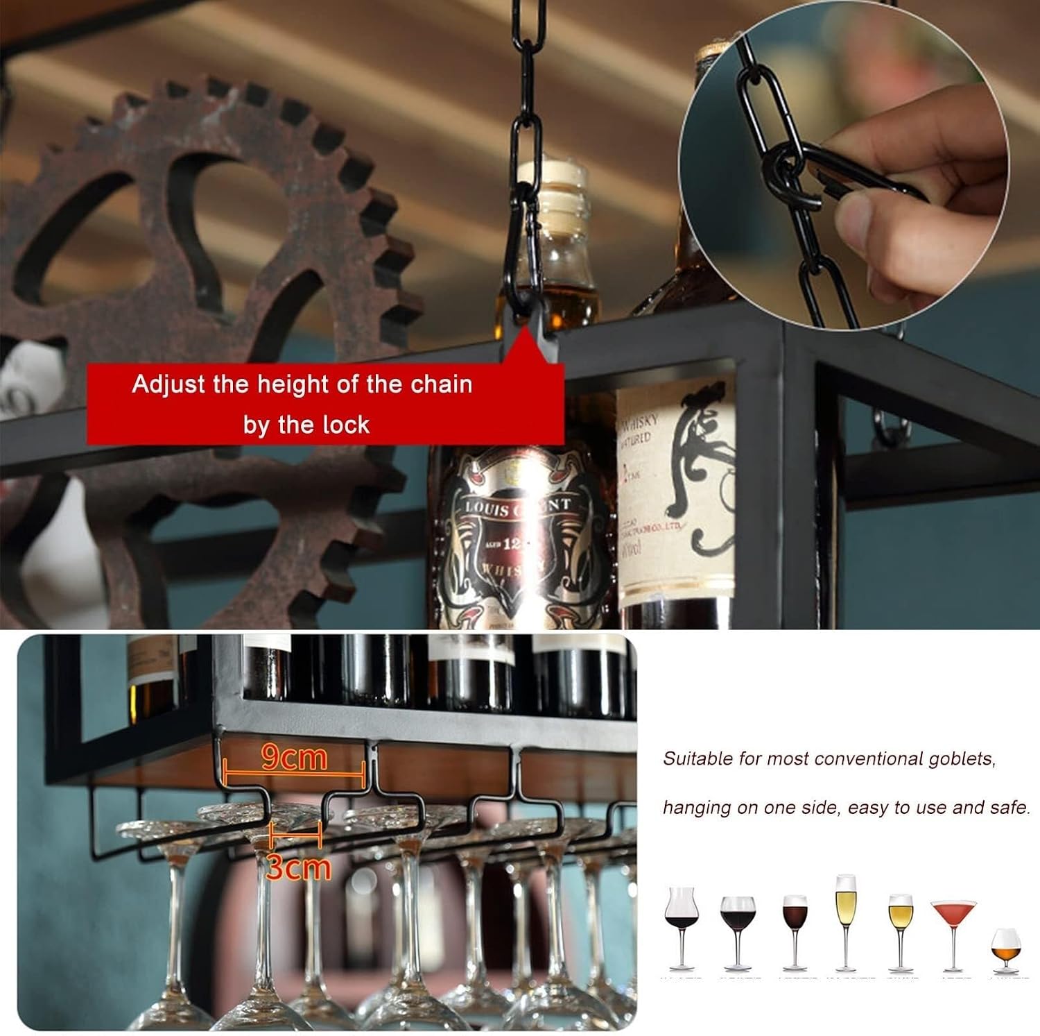 Ceiling Mounted Bar Wine Rack, Hanging Wine Bottle & Champagne Glass Holder, Iron Floating Shelf Organizer for Home, Kitchen, Bar, 120x25x22cm