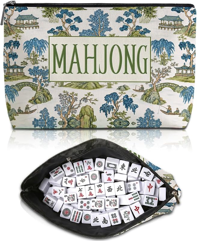 Blue Leaves Bolsa para Peças de Mahjong com Zíper, Estampa Chinesa Azul e Verde, Multicolor 1835
