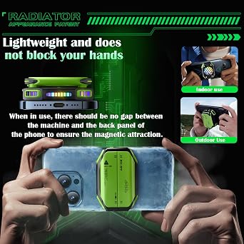 Magnetic Phone Cooler with Rechargeable Battery, LED Cooling Fan with Semiconductor Cooling,Phone Cooler with Power Display, Suitable for Phone Gaming Enthusiasts, Live Broadcast Crowd Network (Green)