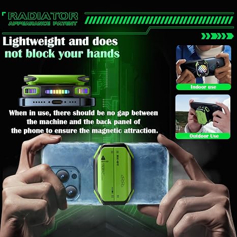 Magnetic Phone Cooler with Rechargeable Battery, LED Cooling Fan with Semiconductor Cooling,Phone Cooler with Power Display, Suitable for Phone Gaming Enthusiasts, Live Broadcast Crowd Network (Green)