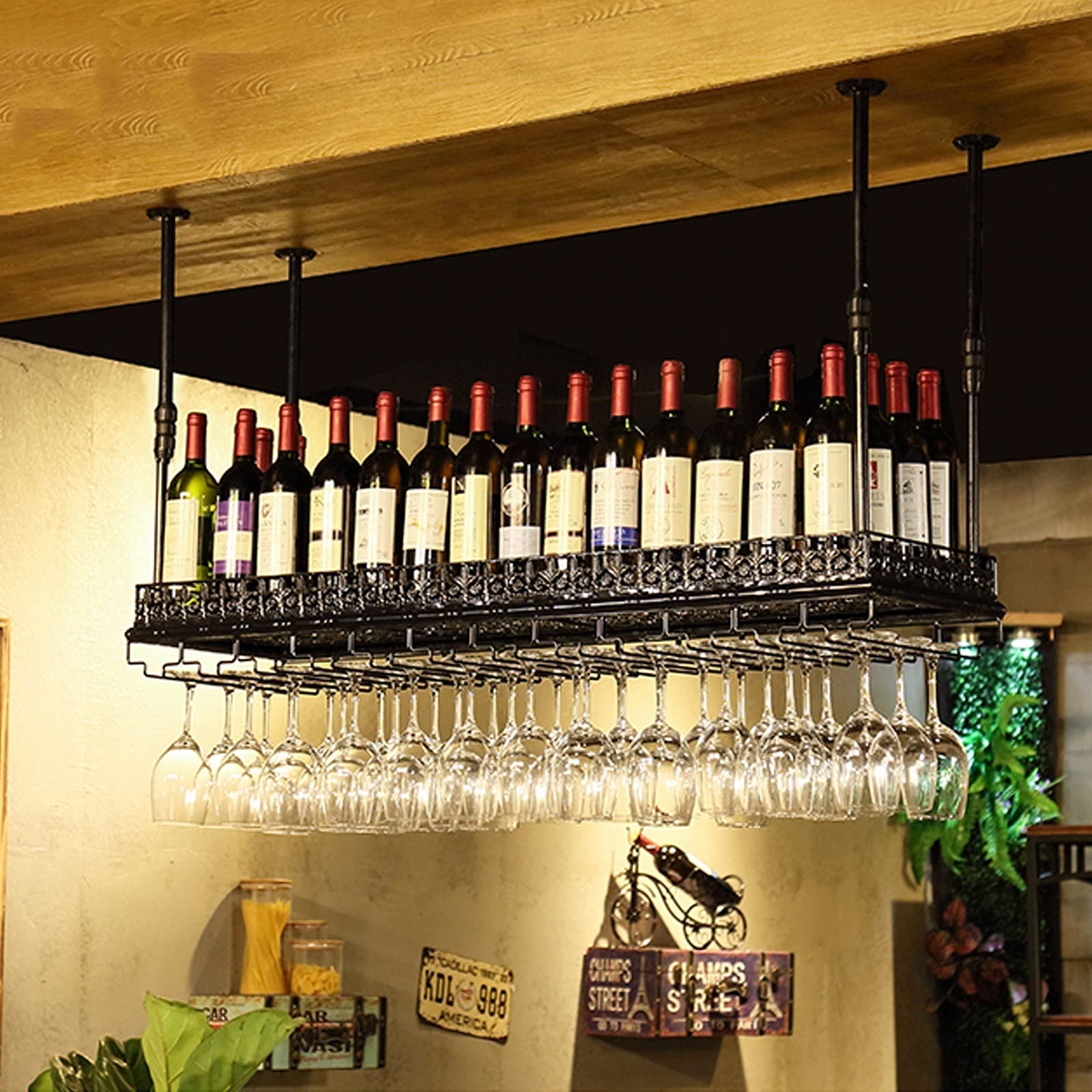 Porte-bouteilles de bar suspendu de style européen et support de verre à vin inversé noir