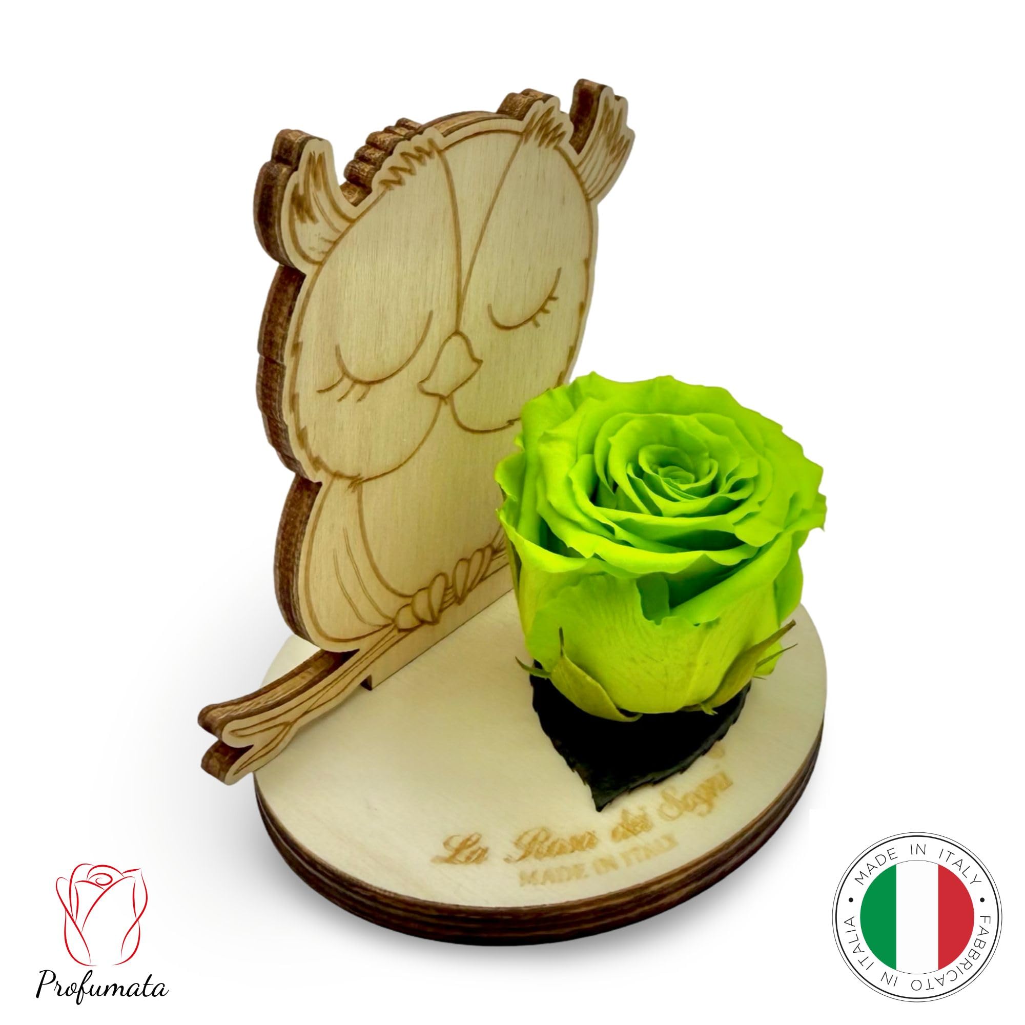Rosa Stabilizzata con Gufo in Legno Intaglio Laser– Fiore Naturale a Lunga Durata, Scatola Elegante – Made in Italy (Giallo)