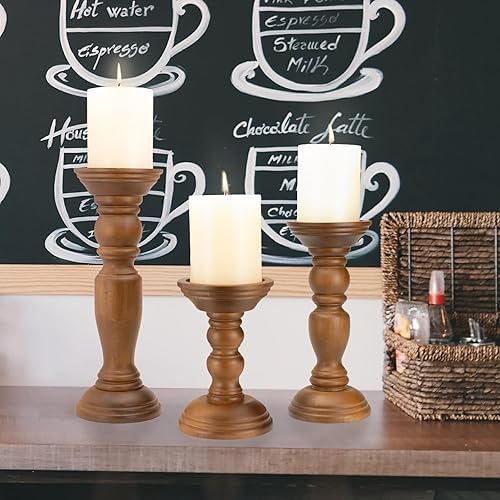 Miniatura 4 de Juego de 3 portavelas de pilar de madera rústica de 12, 9 y 6 pulgadas, portavelas de madera rústica para centros de mesa, candelabros altos