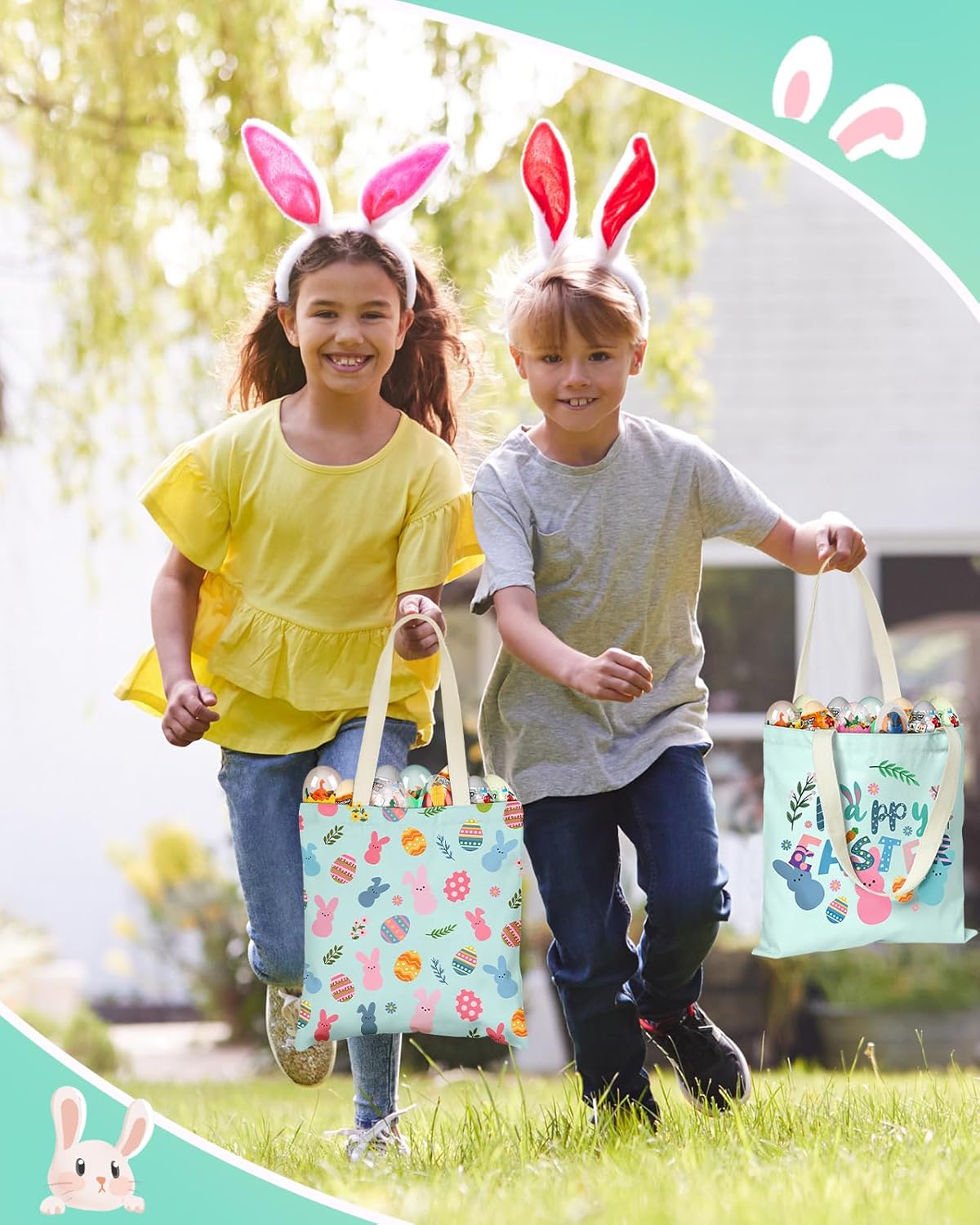 Easter Canvas Tote Bags for Kids - 2 Pack Bunny Treat Easter Canvas Bags with Handles, Perfect for Egg Hunts - Image 2