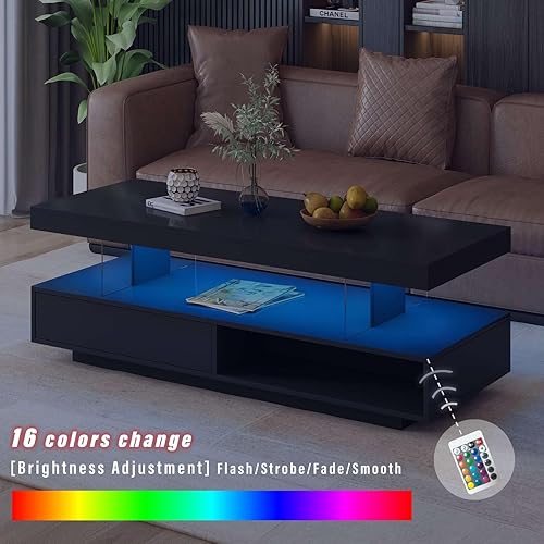 Miniatura 3 de Mesa de centro LED de 51.2 pulgadas, mesa central moderna con 2 cajones y estantes de exhibición, muebles de mesa para sala de estar con superficie