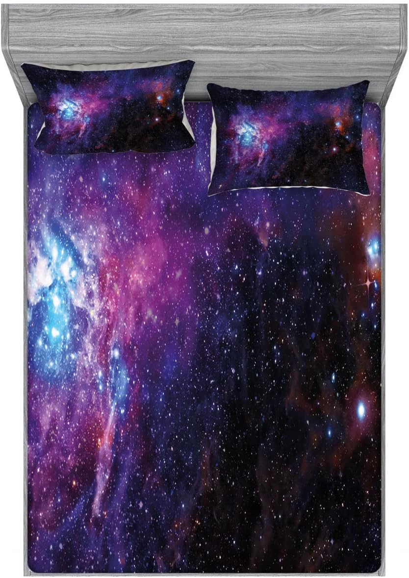 Ambesonne Galaxy Fitted Sheet & Pillow Sham Set, Starry Night Nebula Cloud Celestial Theme Image Space Art Elements Print, Decorative Printed 6 Piece Bedding Decor Set, Full, Purple Black