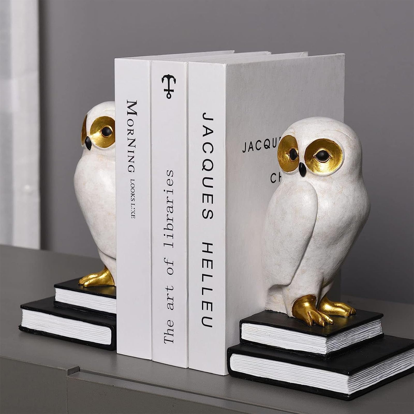 Wise White Snow Owl Book Ends Decorative Unique Cute Bookends For Kids Home Office Decor Book Shelf Holder Modern Fun Resin Animal - Image 3