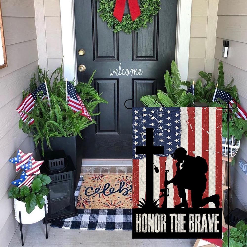 CROWNED BEAUTY Patriotic Memorial Garden Flag12x18 Inch Double Sided Honor the Brave 4th of July American Soldier Cross Independence Outside Yard Decor - Image 2