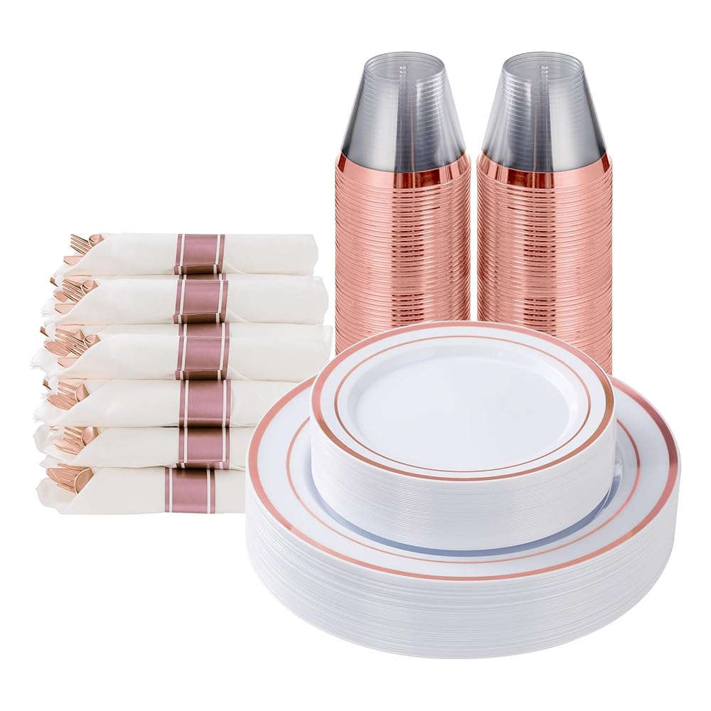 Goodluck 175 Piece Rose Gold Plastic Dinnerware Set for 25 Guests, Fancy Disposable Plates for Party, Include: 25 Dinner Plates, 25 Dessert Plates, 25 Pre Rolled Napkins with Silverware, 25 Cups