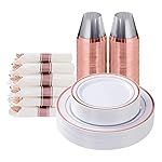 Goodluck 175 Piece Rose Gold Plastic Dinnerware Set for 25 Guests, Fancy Disposable Plates for Party, Include: 25 Dinner Plates, 25 Dessert Plates, 25 Pre Rolled Napkins with Silverware, 25 Cups