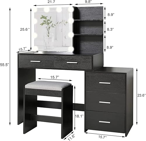 Miniatura 8 de USIKEY - Juego de tocador grande con 10 luces LED mesa de maquillaje con cómoda móvil de 3 cajones tocador de maquillaje con taburete acolchado 2