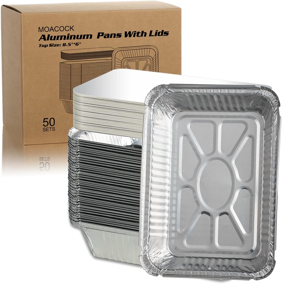 MOACOCK 50 Pack Aluminum Pans with Lids(8.5"×6"), 2.25lb Foil Pans with Board Lids, Disposable Take Out Food Containers, Foil Pans for Meal Prep Freezer Cooking Baking