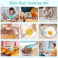 Vista 5 de Juegos de cocina para niños, juego de cocina y hornear con estuche de almacenamiento, cuchillos seguros para niños, tabla de cortar, delantal, libro