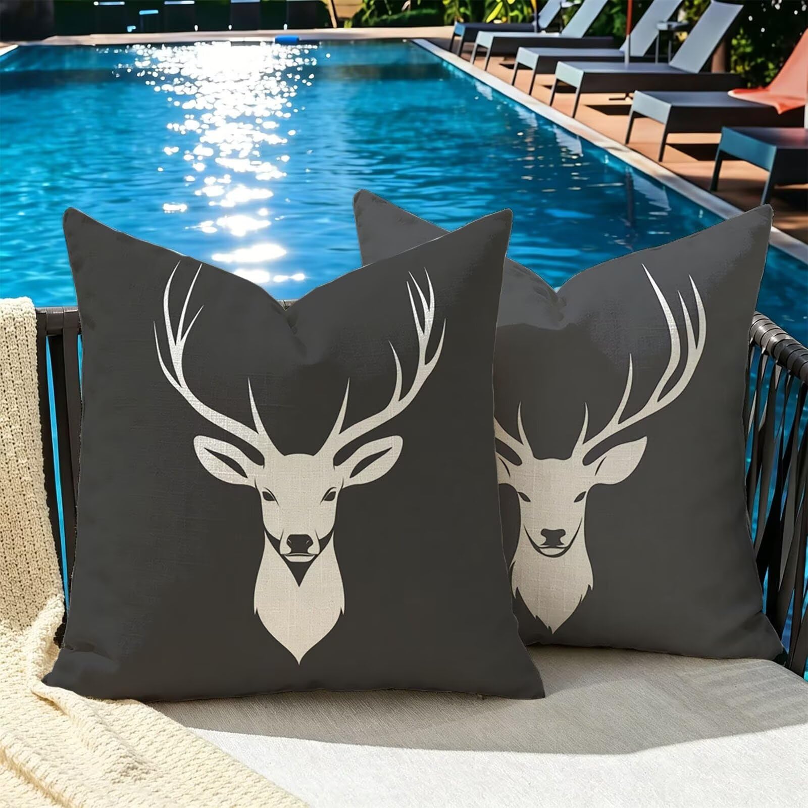 Kissenbezug 65x65cm Outdoor Kissen 2er Set nordisch REH Leinen Dekokissen