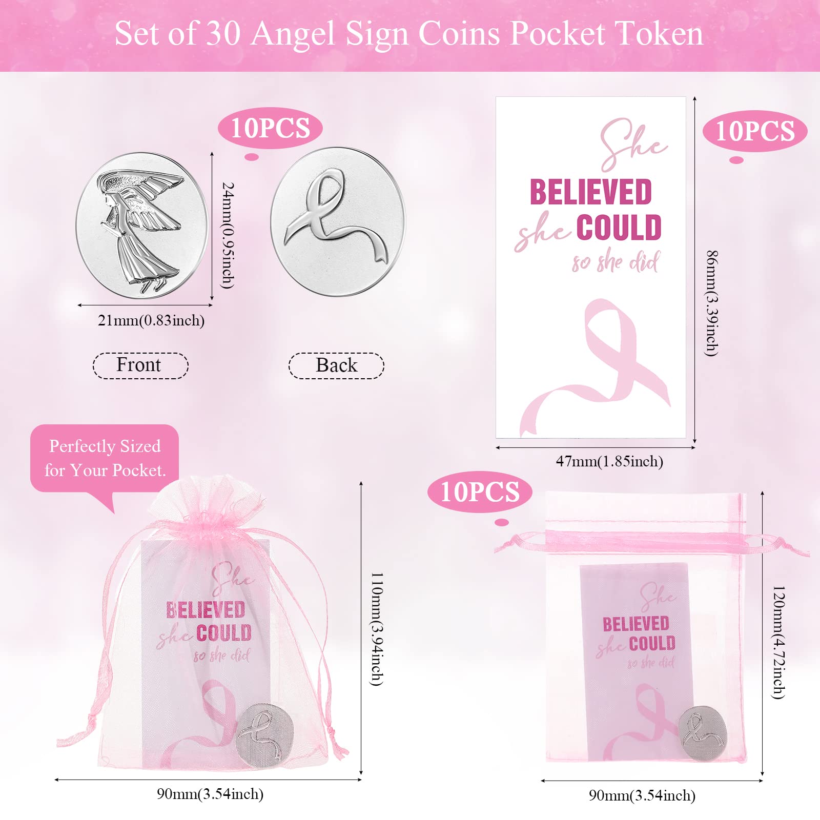 Amazon.co.jp: インスピレーションを与える天使のサインコインセット ポケットエンジェルトークンコイン メモリアルカード  ホワイトオーガンザバッグ 幸運 信仰 天使のチャーム 葬儀用品のプレゼント (乳がんテーマ、30ピース) : ホーム＆キッチン