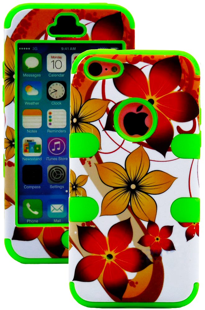 myLife Bright Green + Colorful Tropical Waves 3 Layer (Hybrid Flex Gel) Grip Case for New Apple iPhone 5C Touch Phone (External 2 Piece Full Body Defender Armor Rubberized Shell + Internal Gel Fit Silicone Flex Protector)