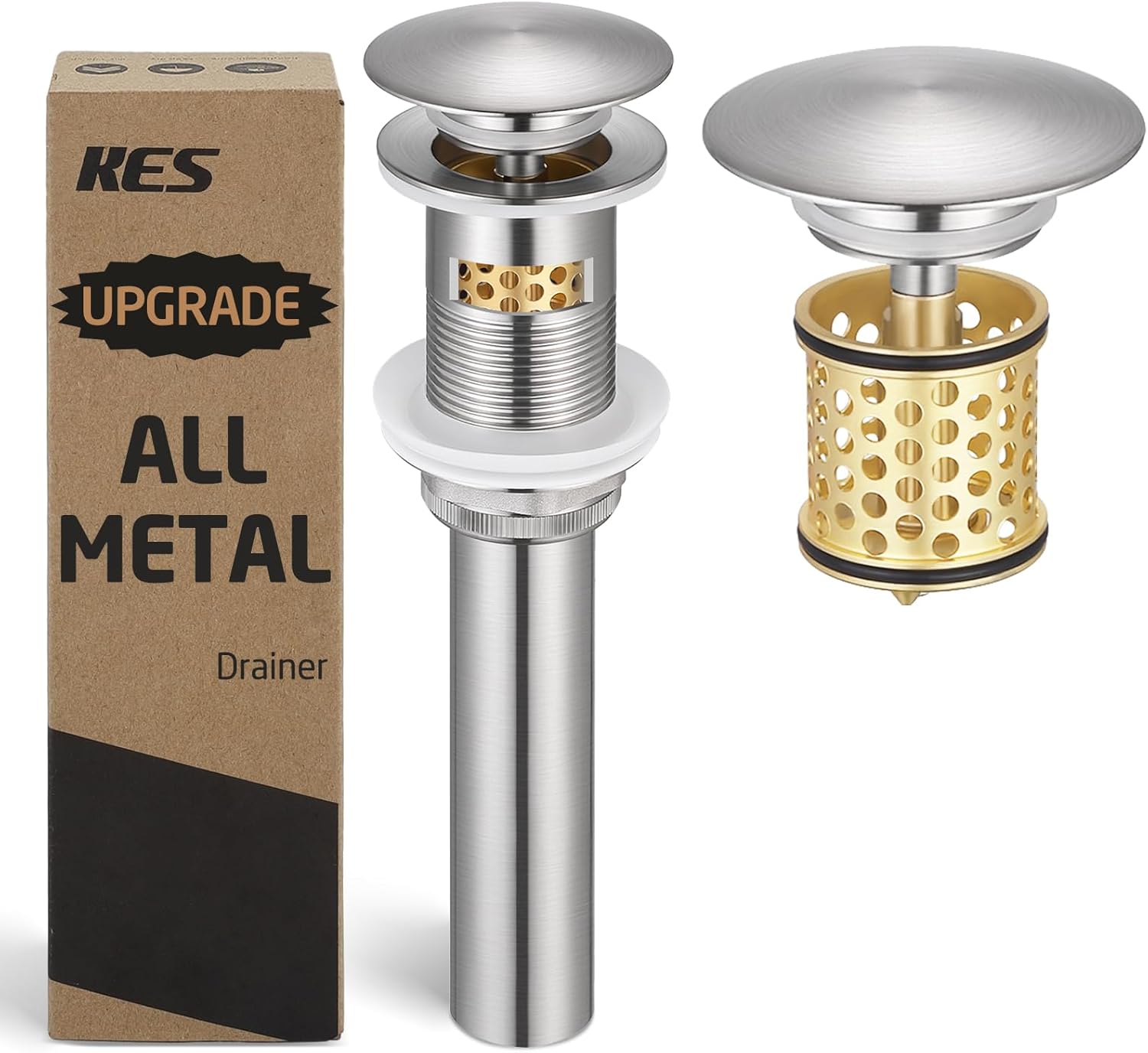KES Bathroom Sink Drain with Overflow Vessel Sink, Lavatory Vanity Pop Up Drain Detachable Strainer, Brushed Nickel, S2018A-BN
