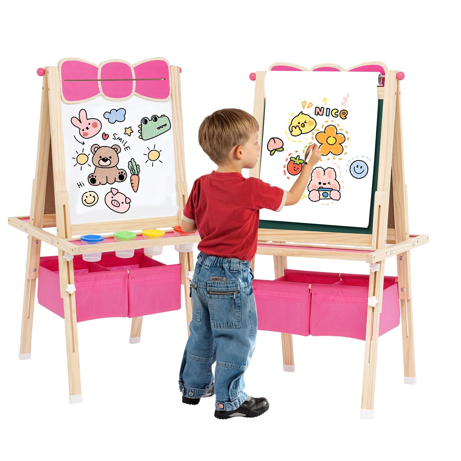 Lavagna per bambini, Lavagna con Cavalletto Bambini in legno, Disegno dell'arco regolabile in altezza, per bambini, con Rotolo di carta Giocattoli Educativi 3+ Anni (Rosa)