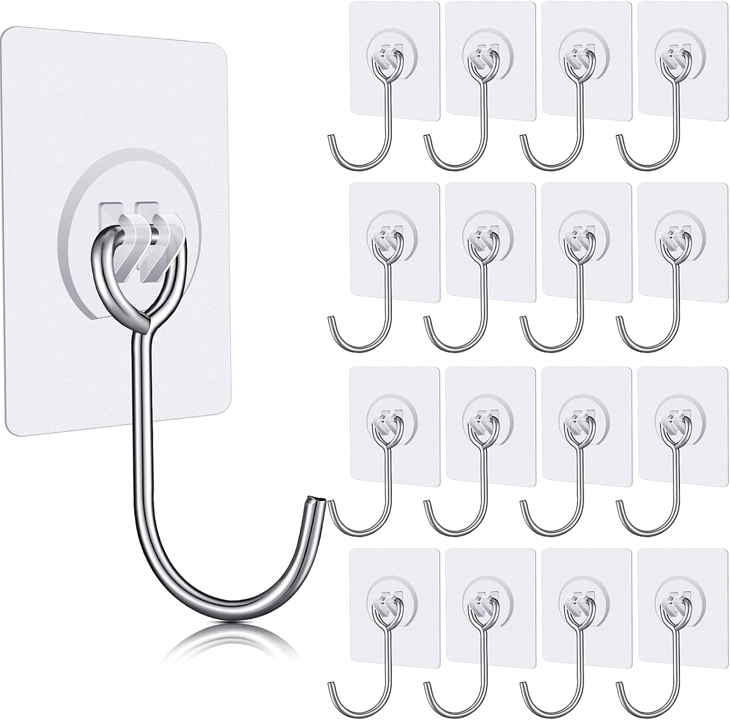 Large Adhesive Hooks Wall Hooks 33 lb (Max) Transparent Reusable Seamless Stainless Steel Hooks Waterproof, Rustproof and Oilproof Nail-Free for Towel, Coats, Kitchen, Bathroom, Home (16 Pieces): Home Improvement