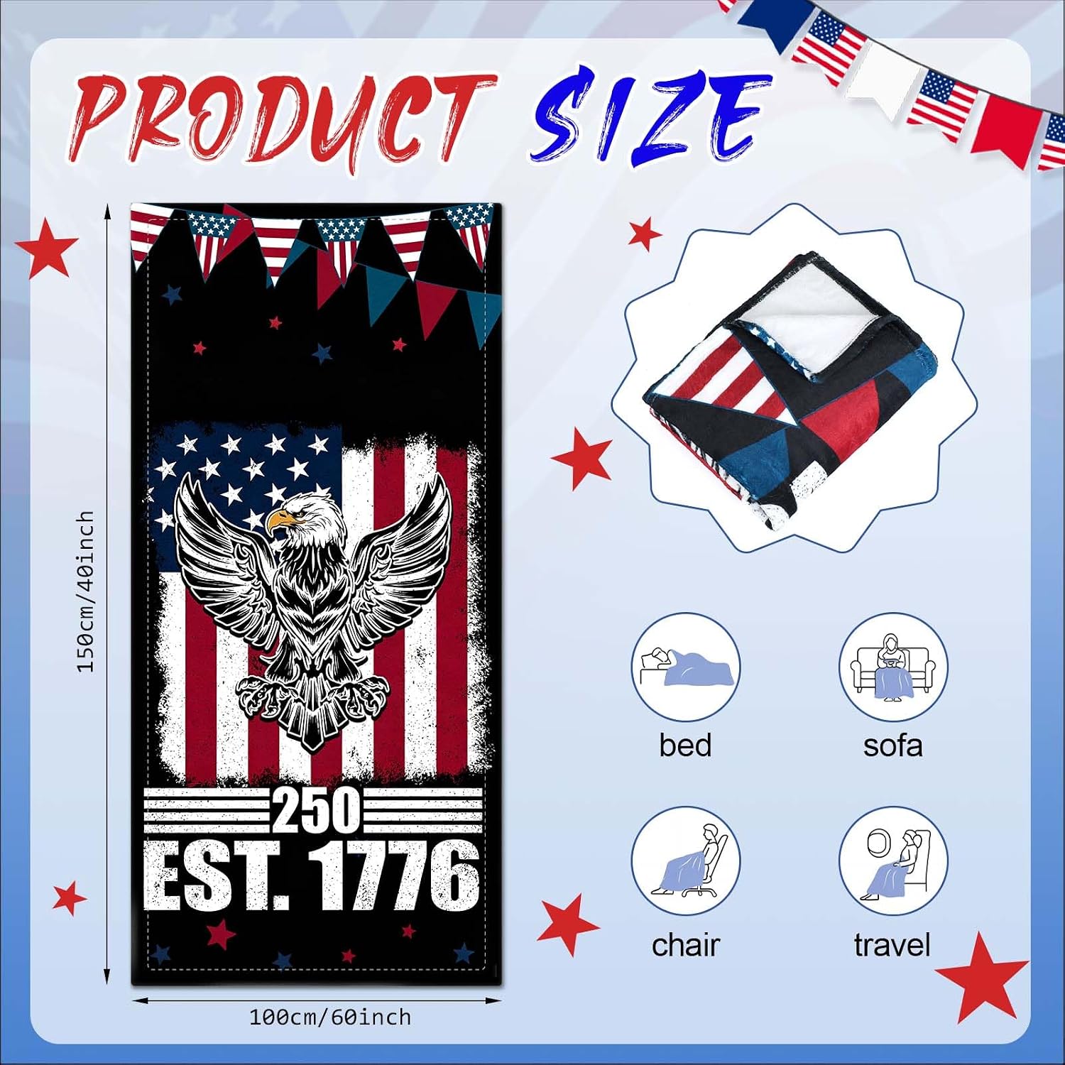 Chumia 4 Pack Patriotic Throw Blankets 250th Anniversary Blanket 40" x 60" 1776-2026 250 Years 4th of July Gifts for Couch Bed Soft Flannel Independence Day Memorial Day