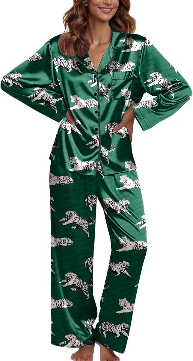 Ekouaer Pajamas For Women Silk Pjs Long Sleeve Button Down Lounge Sets | Christmas Pajamas 2 Piece Satin Sleepwear Cute Print,Fun Pjs for Sleep,Wedding,Bridal Party,Holiday