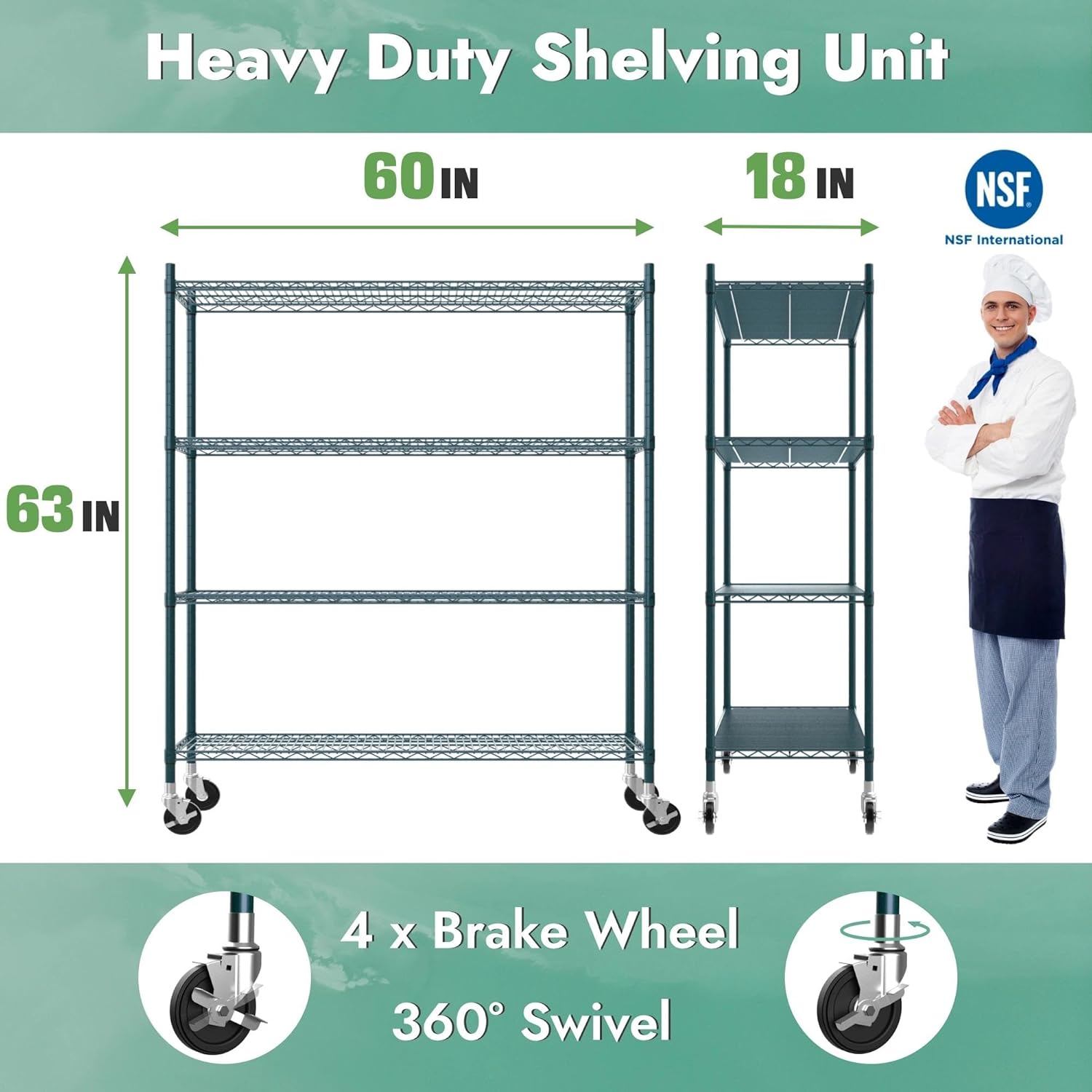 APLSS NSF 4-Tier Green-Epoxy Storage Shelves, 18"x60"x63", Moist&Dry Environments, Commercial Heavy Duty Steel Wire Shelving Unit with Wheels, Walk-in Cooler&Freezer Dishroom Kitchen