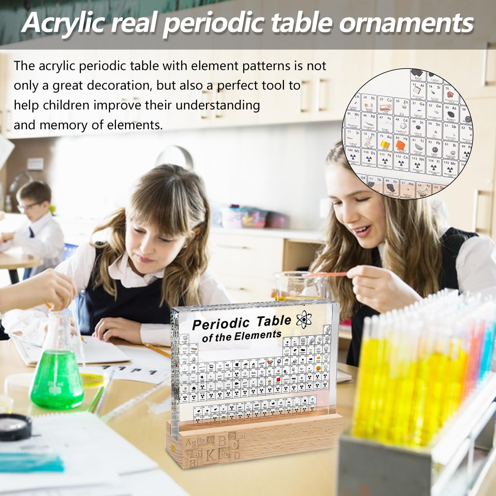 Tavola Periodica, Tavola Periodica Con Elementi Reali All'interno, con 83 Elementi Reali All'Interno, Display Della Tavola Periodica con Base di Luci a 7 Colorate LED,Strumento Didattico Elementi